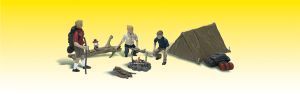 Three small figures with tools beside a large tent-like structure on a yellow-white background