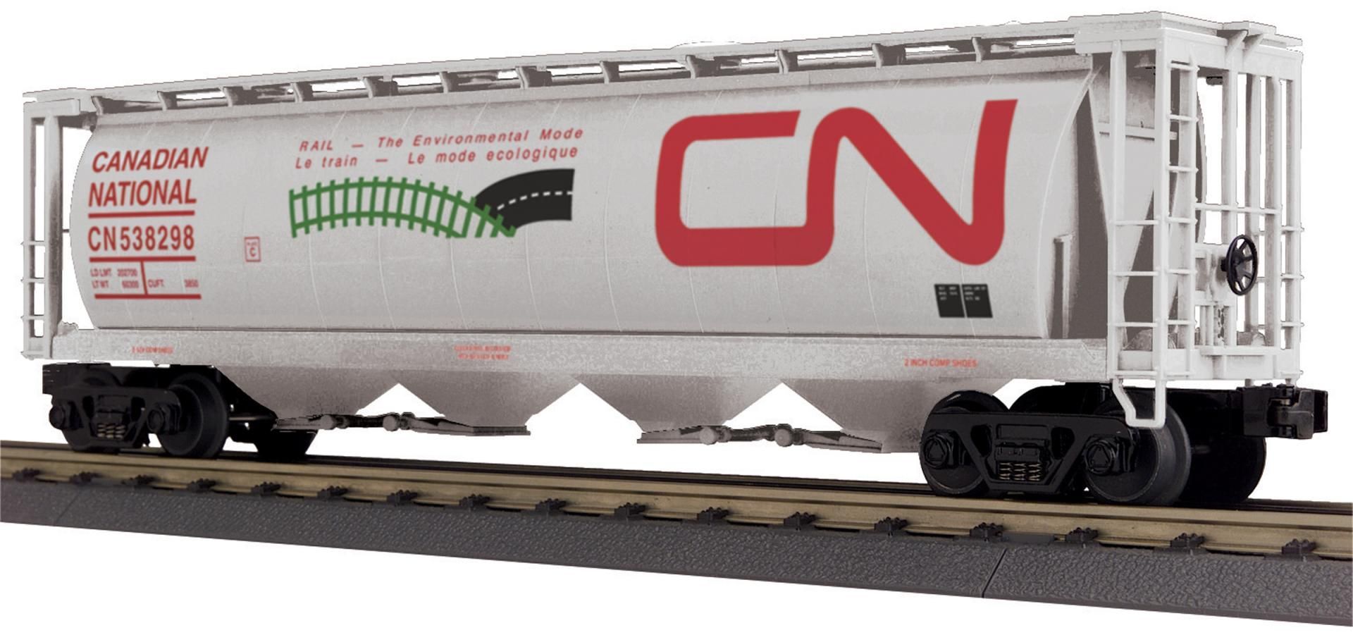 Red CN freight boxcar on train tracks with white body and red logo