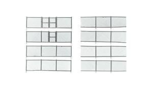 Two simple gray grid diagrams side by side, with small marked sections in the upper rows on the left.