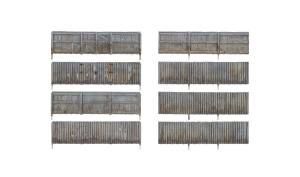 Two columns of gray metal fence panels with horizontal tops on a white background