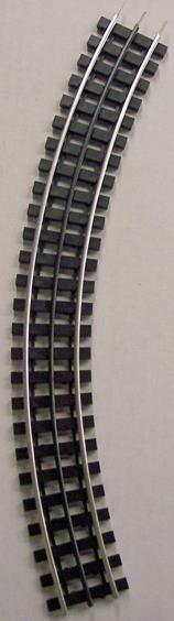 Curved black train track section on a light background