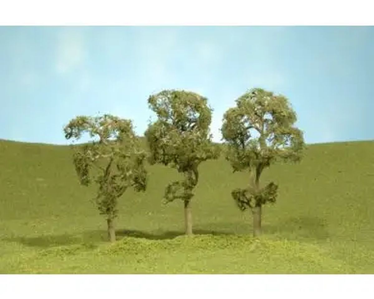 Three small trees standing on a grassy hill under a blue sky