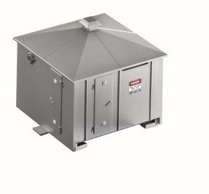 Gray metal outdoor HVAC unit with sloped roof and front access doors