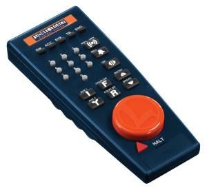 Blue remote control with orange emergency stop button and several black and white buttons.