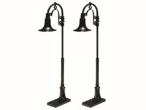 Pair of black vintage-style outdoor street lamps on square bases