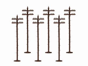 Five brown utility poles of varying heights against a white background
