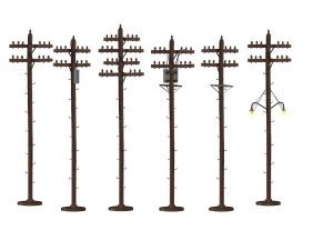 Six utility poles with different crossarm styles, shown side by side on a white background