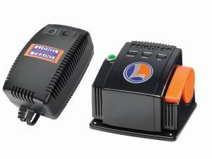 Two black electronic devices with orange and blue labels on white background