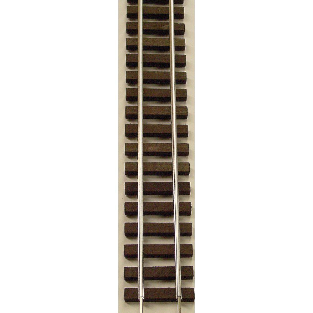 Close-up of a straight railway track with wooden ties and steel rails on white background