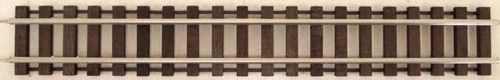 Short section of railroad track with metal rails and wooden ties on a light background