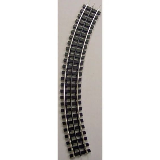 Curved segment of a black and silver model train track on a white background