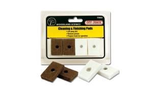 Package of brown and white cleaning and finishing pads with four pads displayed in front