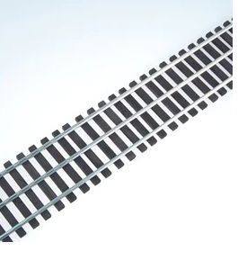 Diagonal railroad tracks on a white background, with gray rails and dark ties.