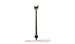 Black lamp post with two lanterns and coiled cord on a white background