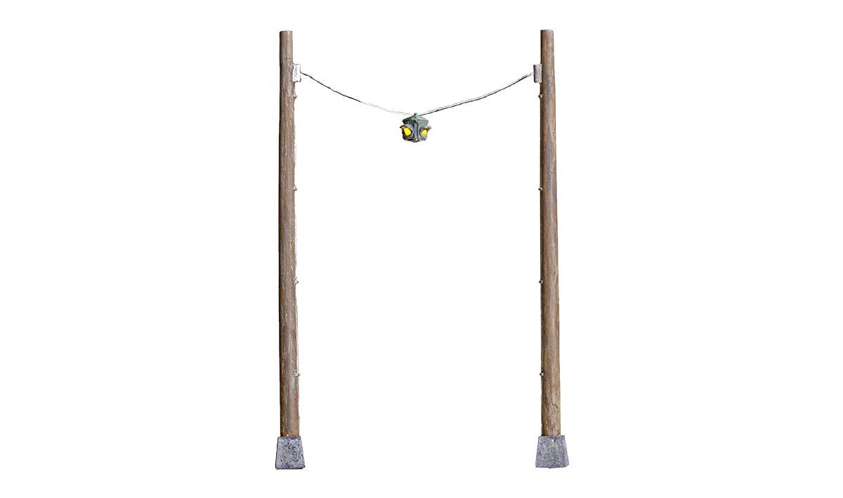 Two wooden posts with a hanging rope and small green object in the center on a white background