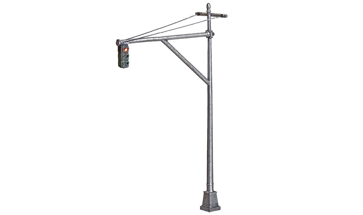 Traffic light on a pole with an overhead arm and support brace on a white background