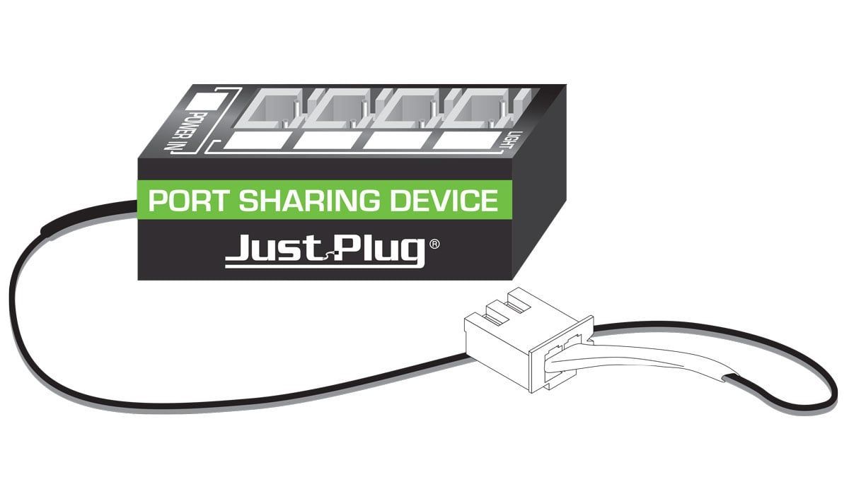 JustPlug portable port sharing device with black box and connected cable