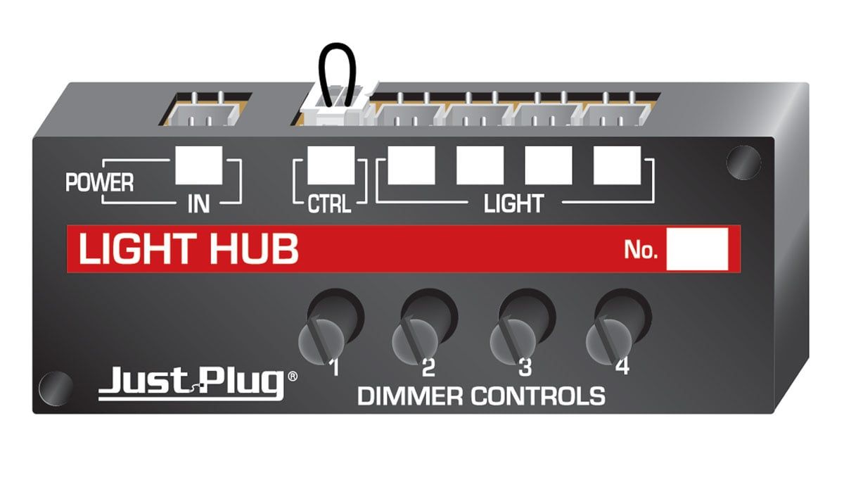 Black Just Plug LIGHT HUB module with dimmer controls and power/number labels