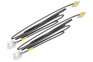 Black charging cable with yellow-tipped connectors on a white background