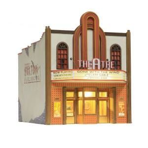 Miniature Art Deco theater facade with orange marquee and glowing entrance lights