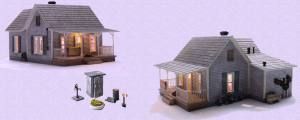 Two views of a small gray house model with a separate porch swing and accessories on a white background