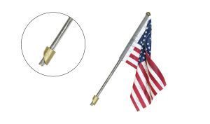 Silver flagpole with gold finial holding a waving U.S. flag, shown with a close-up inset of the pole end