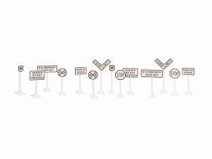 Row of tiny signposts and symbols on a white background, like a minimalist infographic
