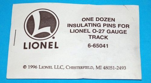 Lionel package label for one dozen insulating pins for Lionel O-27 gauge track, white with red logo.