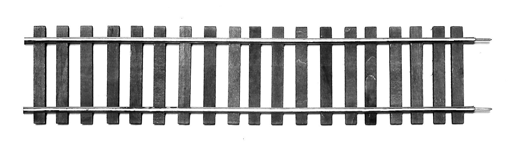 Close-up of a straight railroad track with gray metal rails and wooden ties on a white background