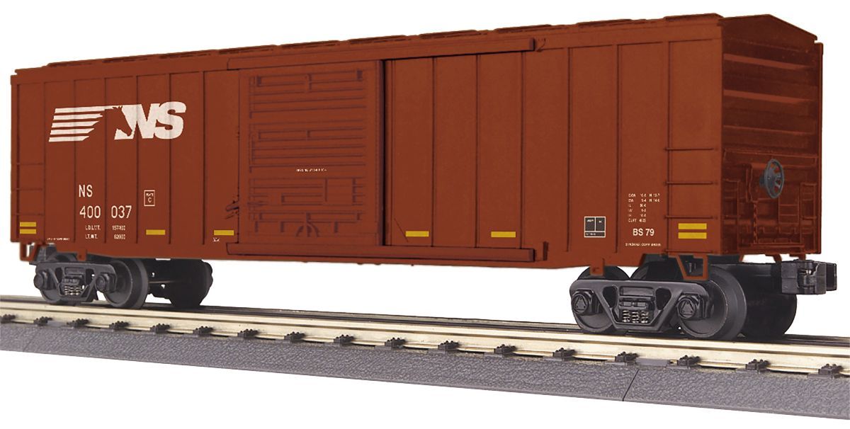 Brown Norfolk Southern freight boxcar on tracks, side view against white background