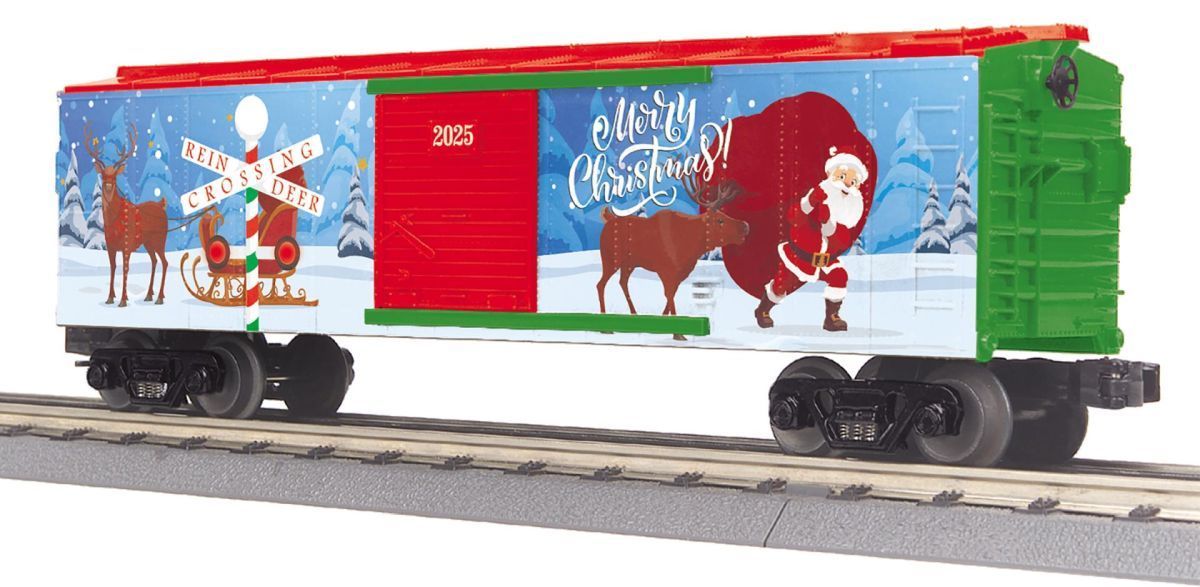 Holiday-themed train car with Santa, a reindeer, and festive blue-and-red graphics on tracks