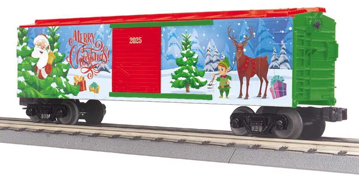 Holiday-themed green and red toy train car with Christmas scene on a track