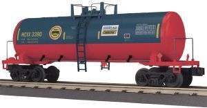 Blue and red rail tanker car on tracks, labeled M-107 3390, viewed from the side.