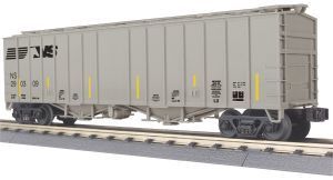 Gray freight railcar on tracks with black wheels and yellow safety markings