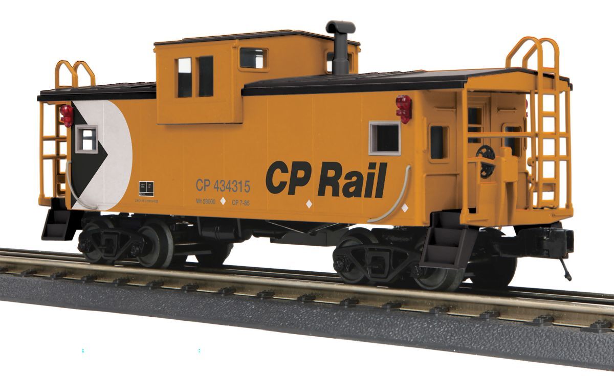 Orange CP Rail caboose on tracks, with black lettering and white end panel
