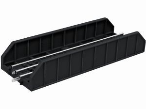 Black industrial conveyor belt module with metal rollers on a white background