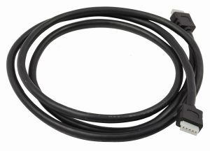 Black USB cable coiled with connectors on both ends, isolated on white background