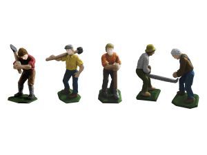 Five small figurines posed as golfers, each in a different swing stance on a white background