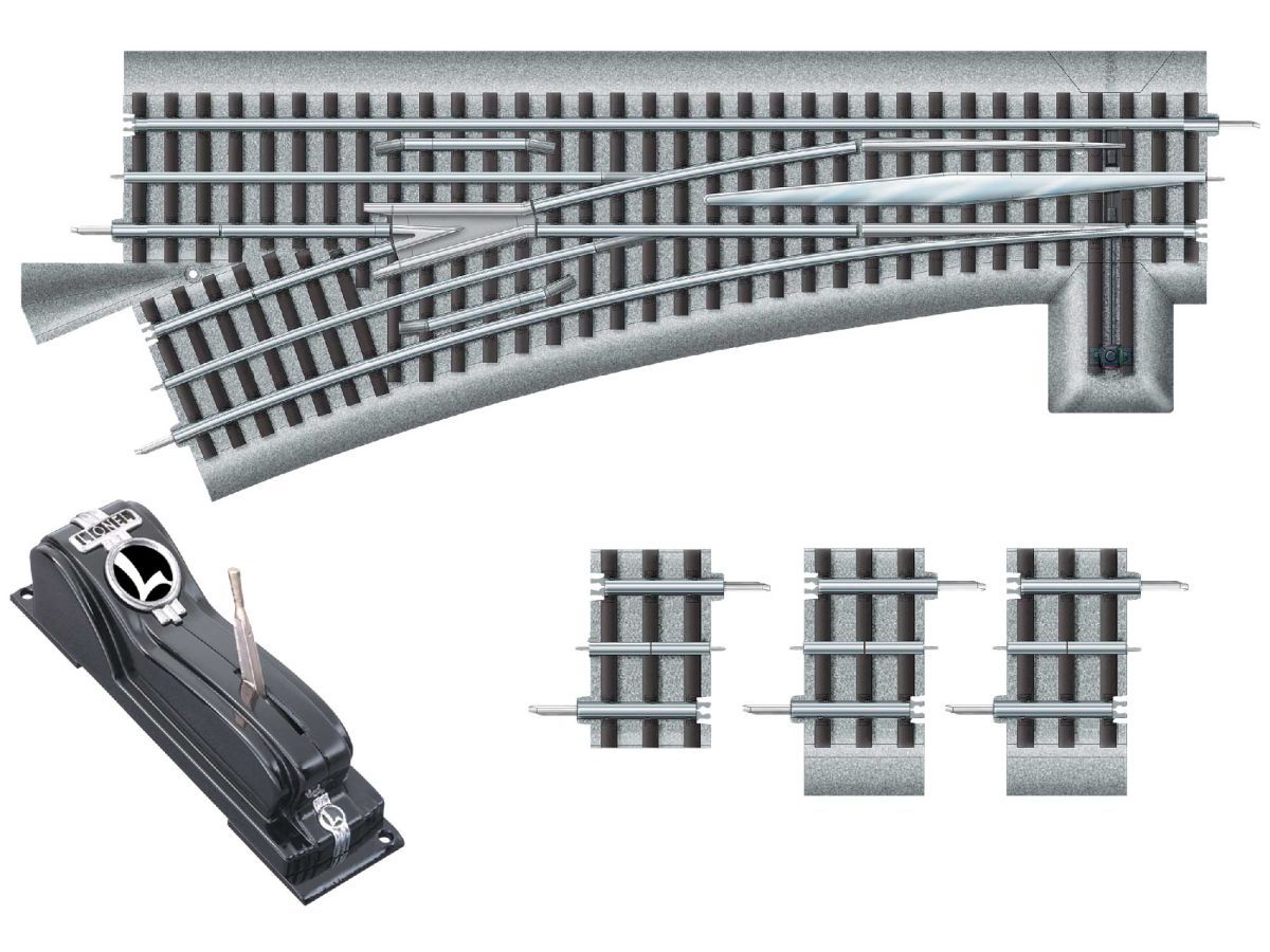 Model railroad switch track with turnout pieces and a black remote control lever on white background