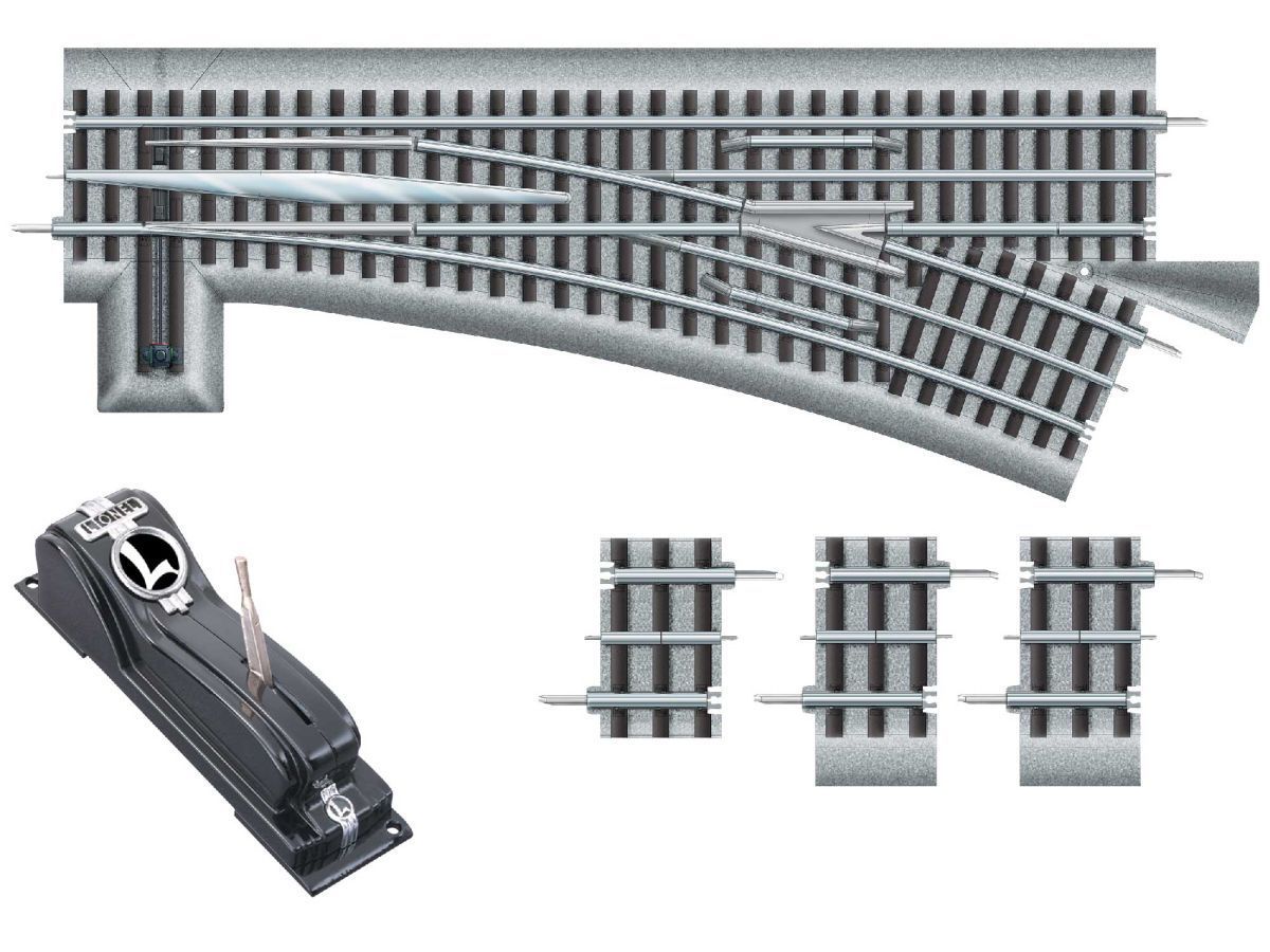 Curved model railway track with left-hand switch and three rail joiner pieces on white background