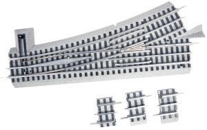 Curved gray and black train track layout with three small track pieces below