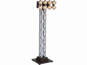 Tall silver tower light fixture with multiple round bulbs on top and a dark square base