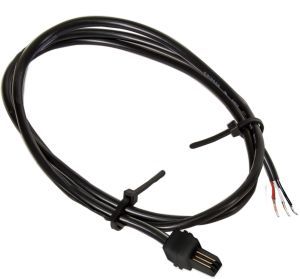 Black cable with 4-pin connector and exposed wire ends, coiled on a white background