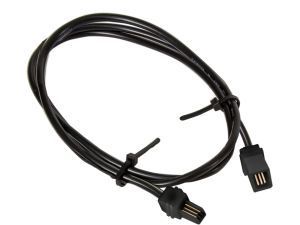 Black USB charging cable with one USB-A connector and one small device connector, coiled on white background