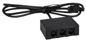 Black USB hub with attached cable and three front ports on a white background