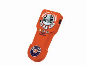 Orange handheld electronic device with a circular speaker grille and buttons, angled on a white background