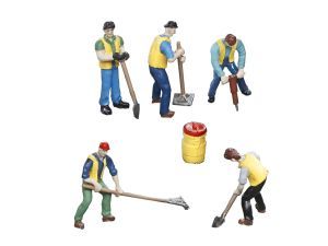 Miniature workers cleaning with shovels and broom around a yellow barrel on a white background