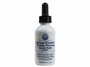 Bottle of Sugar Cookie scented premium smoke fluid with black dropper cap on white background