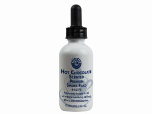 Bottle of hot chocolate scented premium smoke fluid with dropper cap on white background
