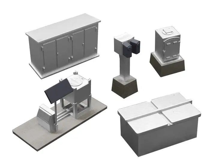 Assorted industrial equipment and enclosures displayed on a white background.